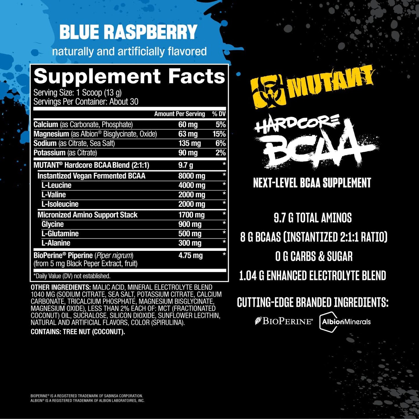 Next Level Mutant Hardcore BCAA Supplement for Pre, Intra, or Post Workout - Blue Raspberry Flavor - 30 Servings
