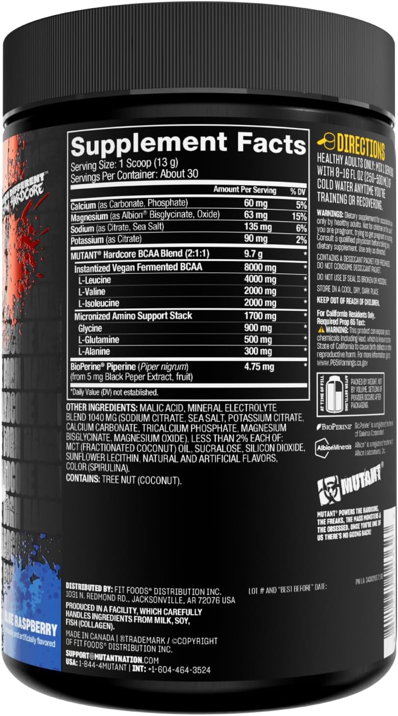 Next Level Mutant Hardcore BCAA Supplement for Pre, Intra, or Post Workout - Blue Raspberry Flavor - 30 Servings