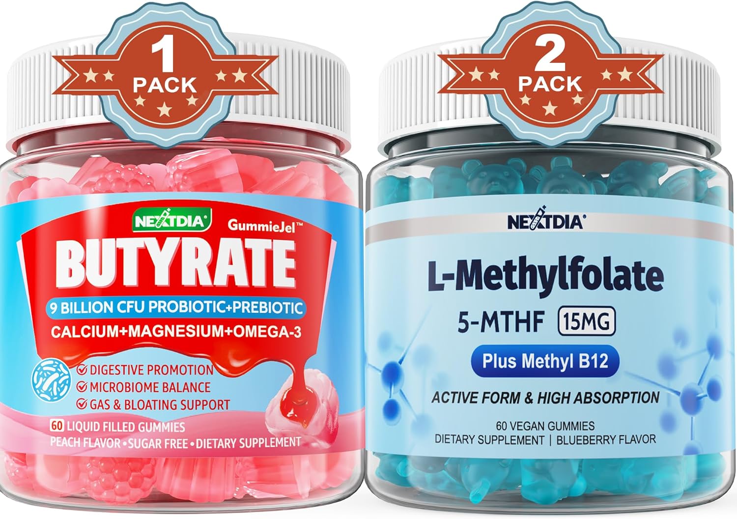 Nextdia Butyrate Gummies with Probiotic, Prebiotic, Postbiotic, and L-MethylFolate 15mg for Digestive Health