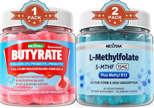 Nextdia Butyrate Gummies with Probiotic, Prebiotic, Postbiotic, and L-MethylFolate 15mg for Digestive Health