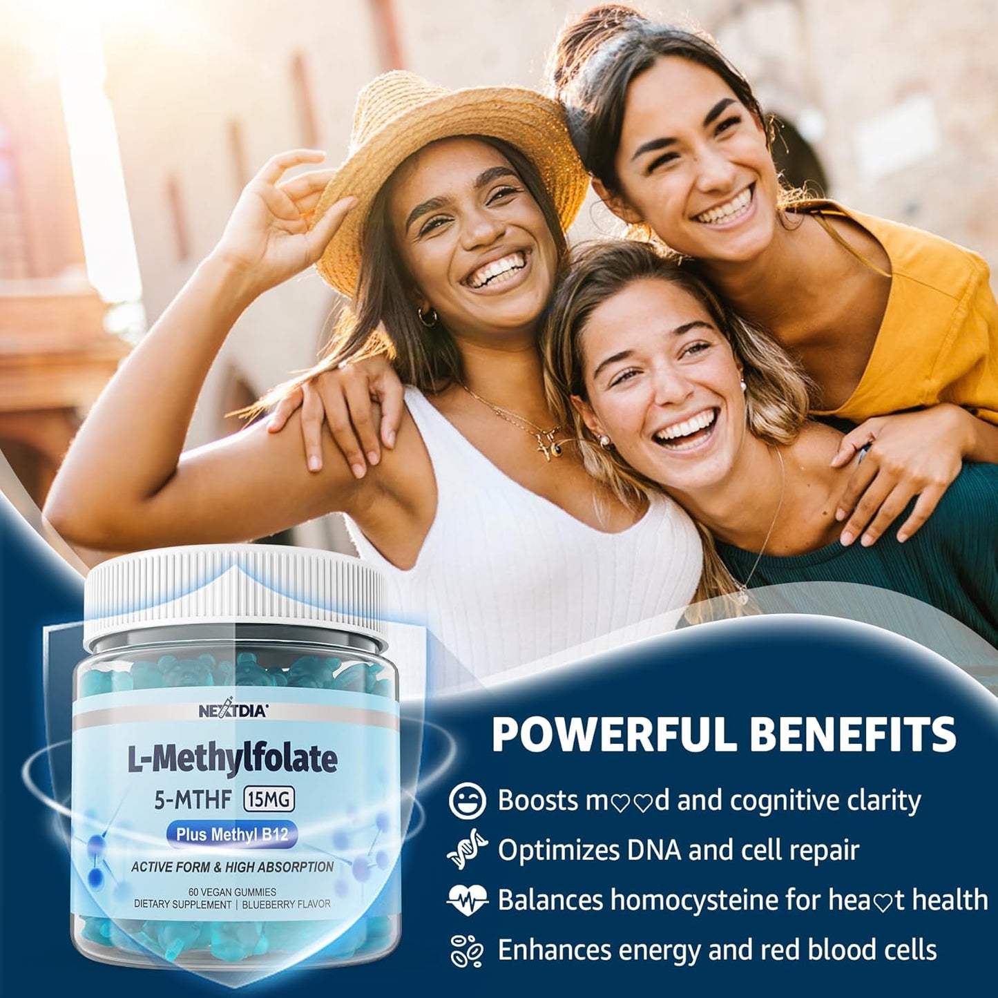 Nextdia Butyrate Gummies with Probiotic, Prebiotic, Postbiotic, and L-MethylFolate 15mg for Digestive Health