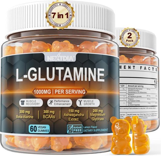 Nextdia L-Glutamine Exercise Gummies 1000mg - Promotes Muscle Recovery & Growth, Enhances Performance - Beta-Alanine, BCAAs, Magnesium, Ashwagandha - 2 Pack, Extra Chewy