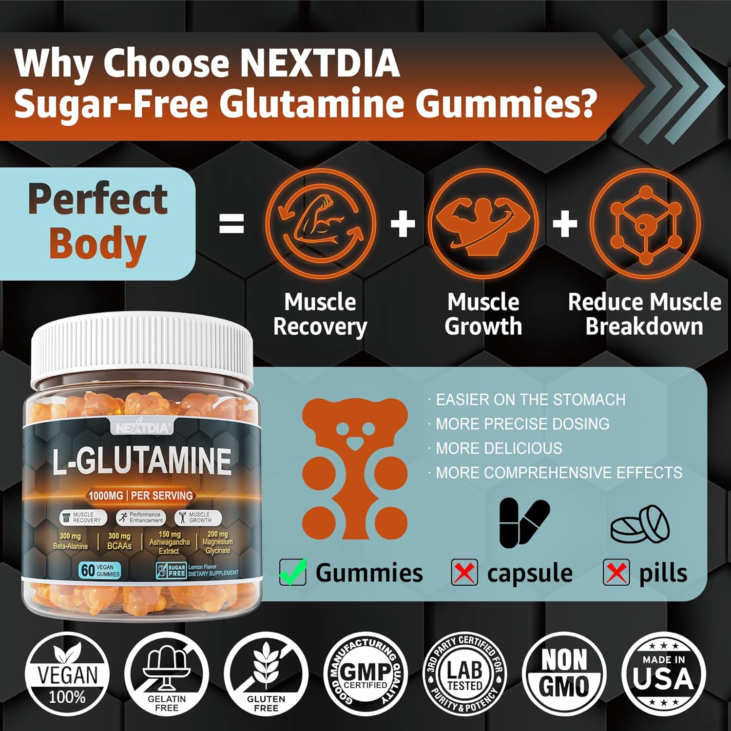 Nextdia L-Glutamine Exercise Gummies 1000mg - Promotes Muscle Recovery & Growth, Enhances Performance - Beta-Alanine, BCAAs, Magnesium, Ashwagandha - 2 Pack, Extra Chewy