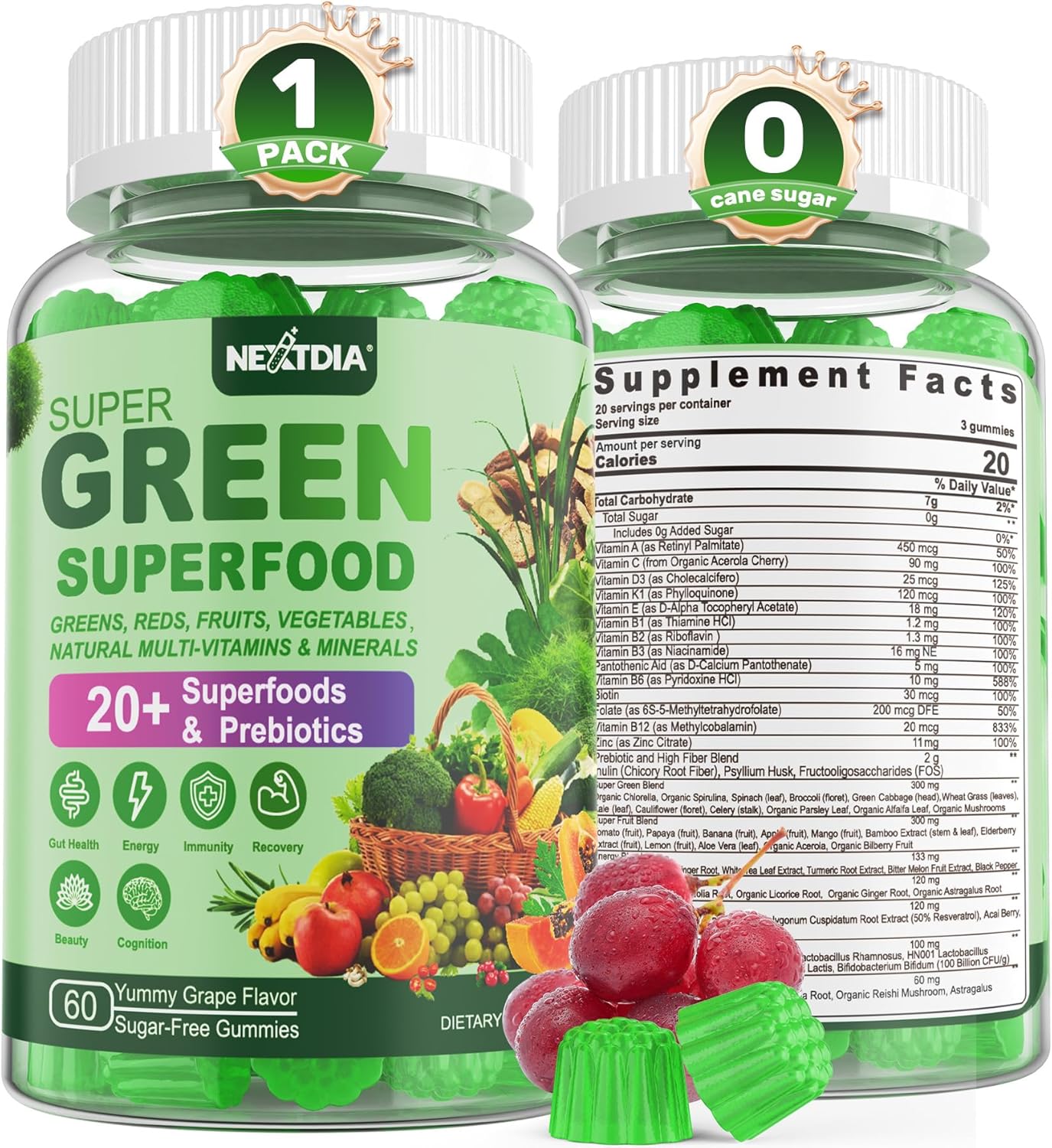 Nextdia Super Greens Gummies - Superfood Powder Alternative with Spirulina, Chlorella, Prebiotic Fiber, Probiotic - Daily Greens Vegetable for Digestive Health, Immunity, Focus - 60 Count