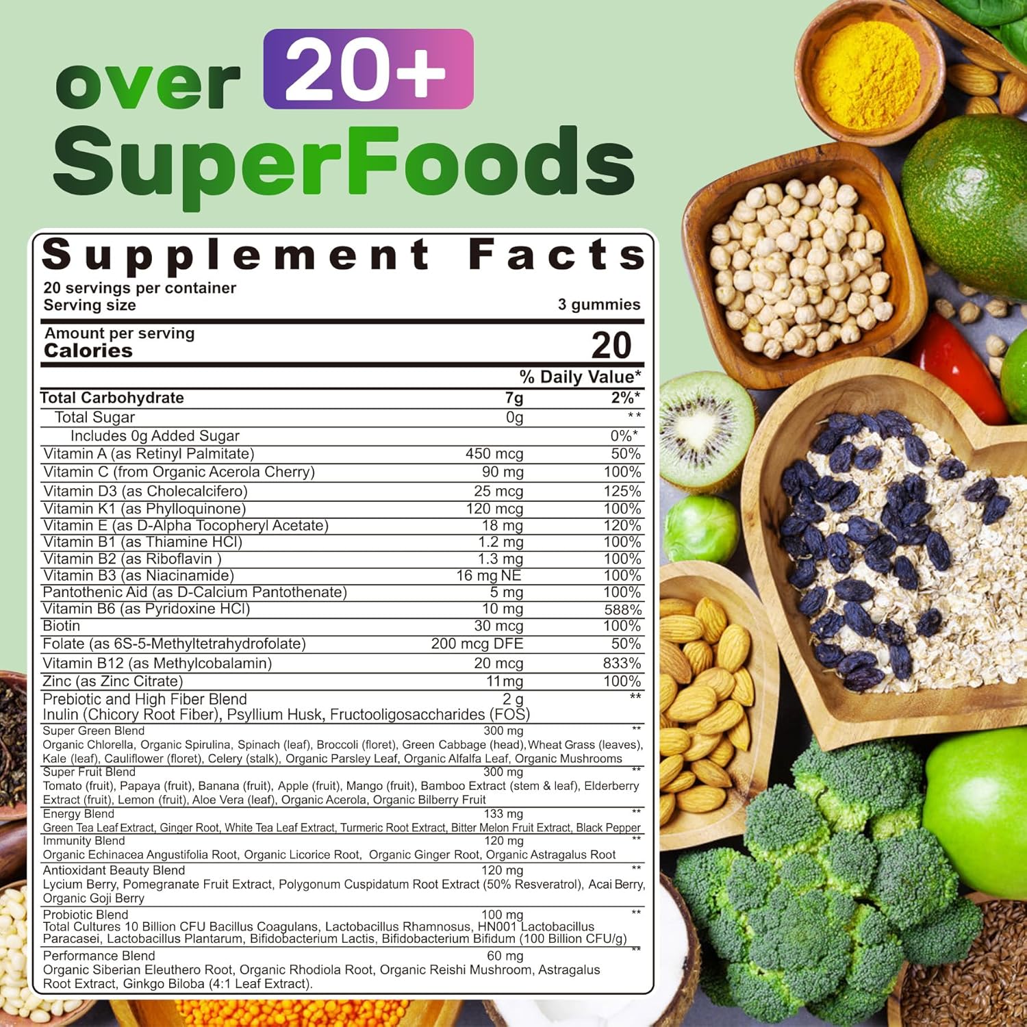 Nextdia Super Greens Gummies - Superfood Powder Alternative with Spirulina, Chlorella, Prebiotic Fiber, Probiotic - Daily Greens Vegetable for Digestive Health, Immunity, Focus - 60 Count