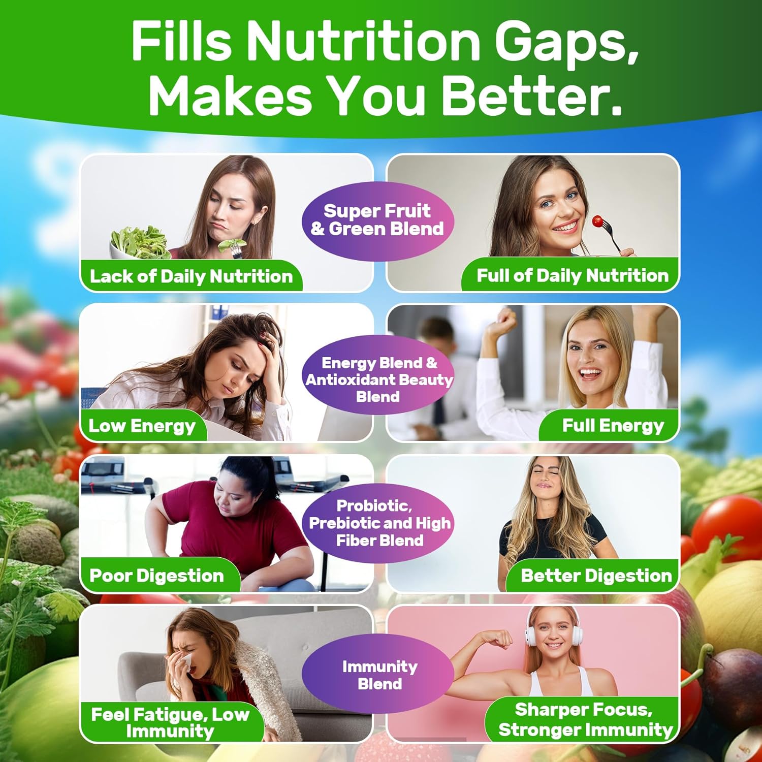 Nextdia Super Greens Gummies - Superfood Powder Alternative with Spirulina, Chlorella, Prebiotic Fiber, Probiotic - Daily Greens Vegetable for Digestive Health, Immunity, Focus - 60 Count