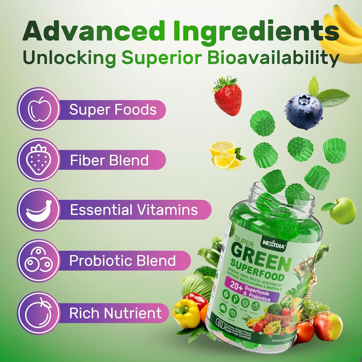 Nextdia Super Greens Gummies - Superfood Powder Alternative with Spirulina, Chlorella, Prebiotic Fiber, Probiotic - Daily Greens Vegetable for Digestive Health, Immunity, Focus - 60 Count