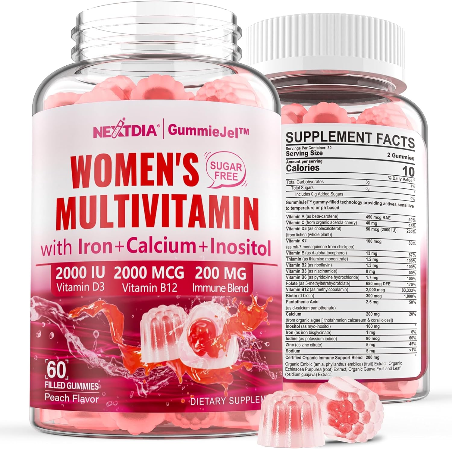 Nextdia Women's Sugar-Free Multivitamin Gummies with Algae Calcium, Vitamins A, C, D3, E, K, B12, Iron, Folate, Biotin, Inositol - Vegan Hair, Skin, Energy, Immune, Bone Support