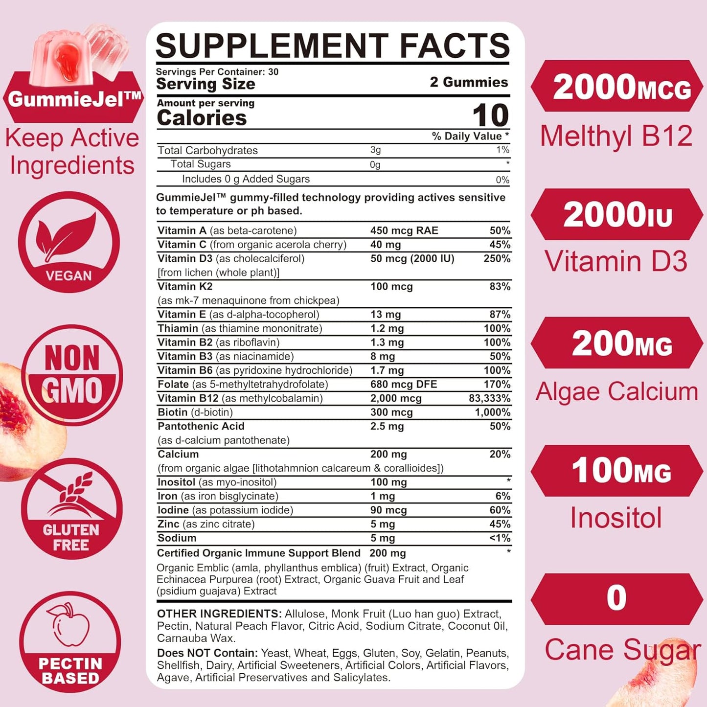 Nextdia Women's Sugar-Free Multivitamin Gummies with Algae Calcium, Vitamins A, C, D3, E, K, B12, Iron, Folate, Biotin, Inositol - Vegan Hair, Skin, Energy, Immune, Bone Support