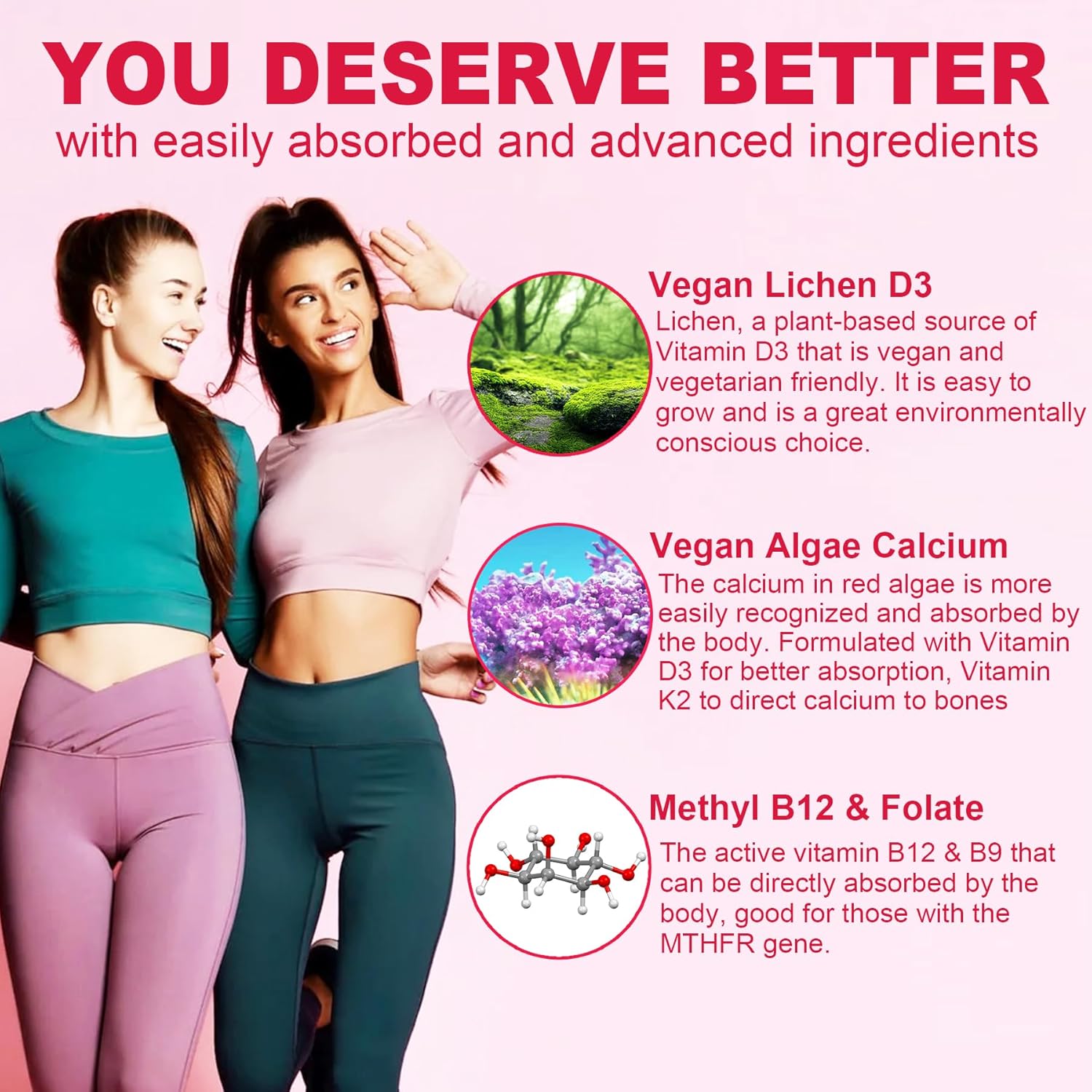 Nextdia Women's Sugar-Free Multivitamin Gummies with Algae Calcium, Vitamins A, C, D3, E, K, B12, Iron, Folate, Biotin, Inositol - Vegan Hair, Skin, Energy, Immune, Bone Support