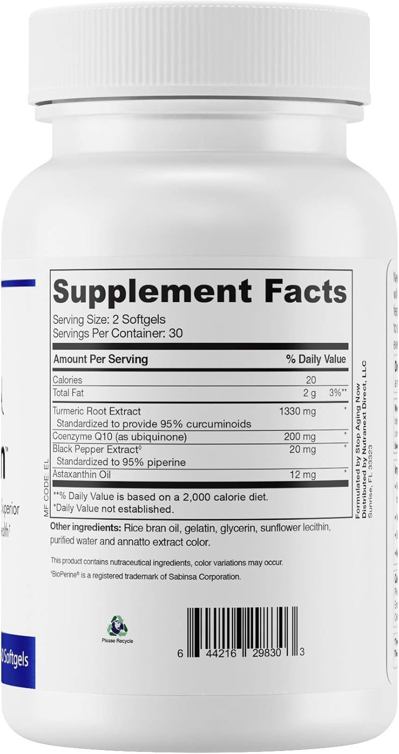 NextLevel Curcumin Complex with CoQ10 - Antioxidant Supplement for Heart, Brain, Joint & Skin - Turmeric Curcumin, Black Pepper, Astaxanthin - 60 Softgels