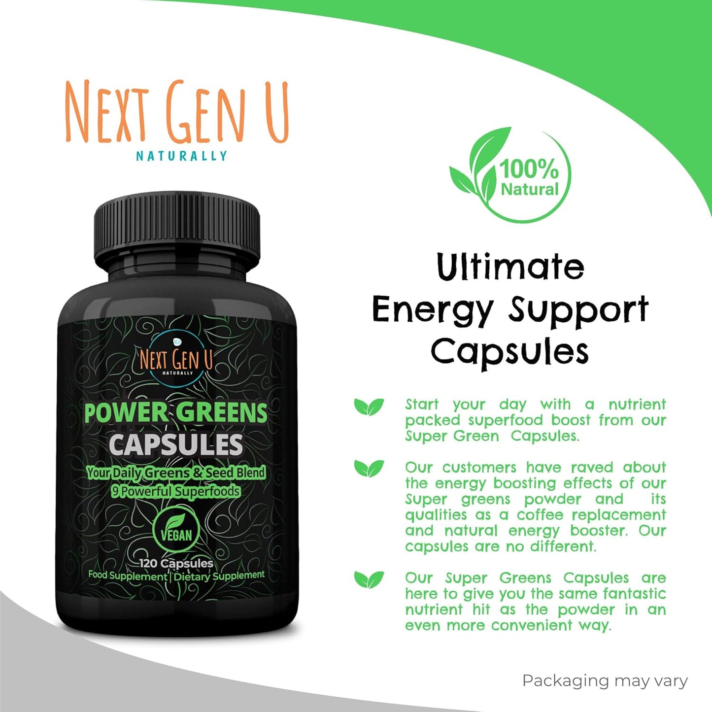 NGU Super Greens Immune System Support Capsules with Mixed Superfoods for Daily Keto Boost - 120 Vegan Capsules