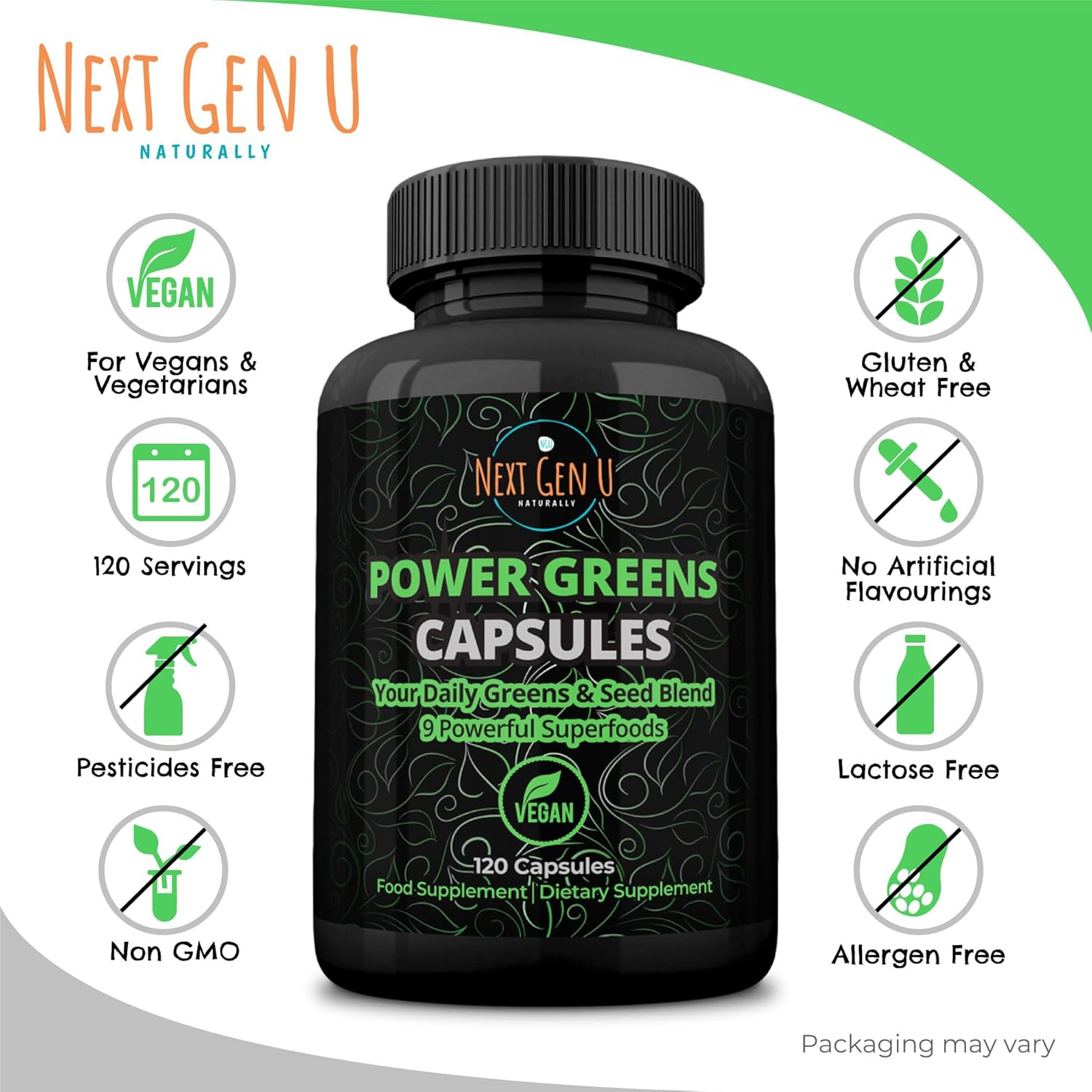 NGU Super Greens Immune System Support Capsules with Mixed Superfoods for Daily Keto Boost - 120 Vegan Capsules