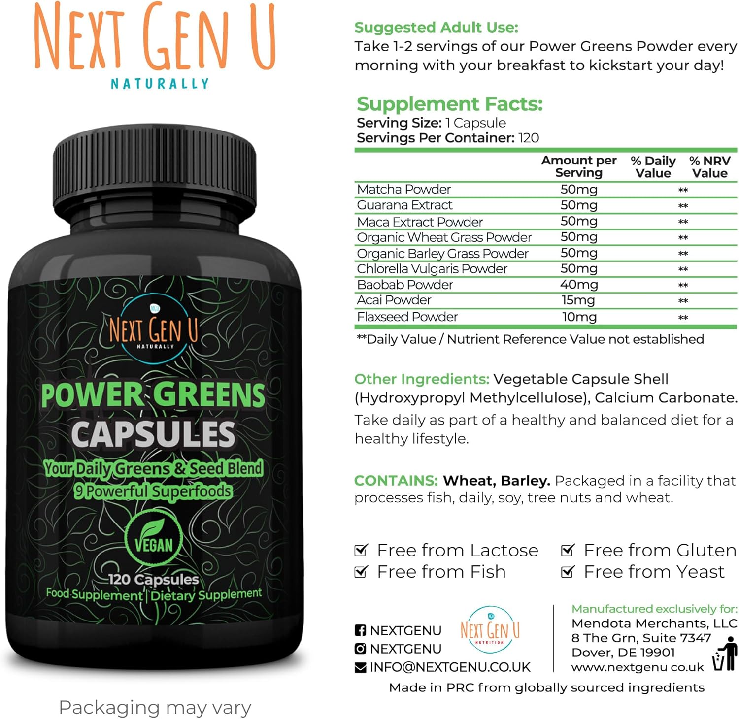 NGU Super Greens Immune System Support Capsules with Mixed Superfoods for Daily Keto Boost - 120 Vegan Capsules