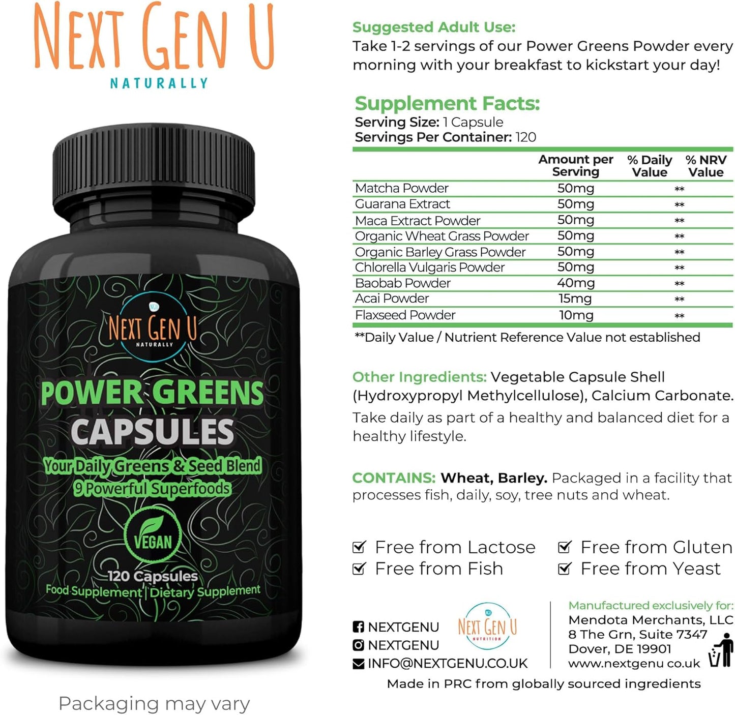 NGU Super Greens Immune System Support Capsules with Mixed Superfoods for Daily Keto Boost - 120 Vegan Capsules