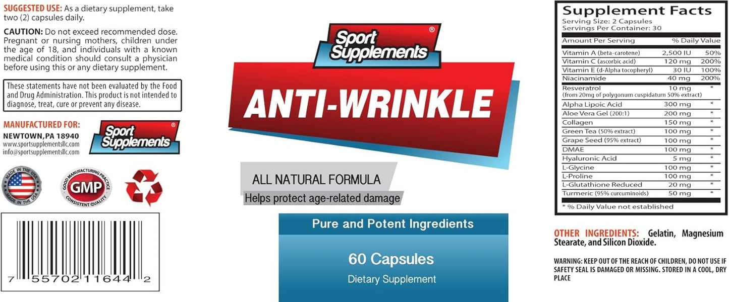 Niacinamide and Vitamin C Anti-Wrinkle Supplement - Collagen Boosting Pills for Wrinkle Prevention and Youthful Skin - 60 Capsules