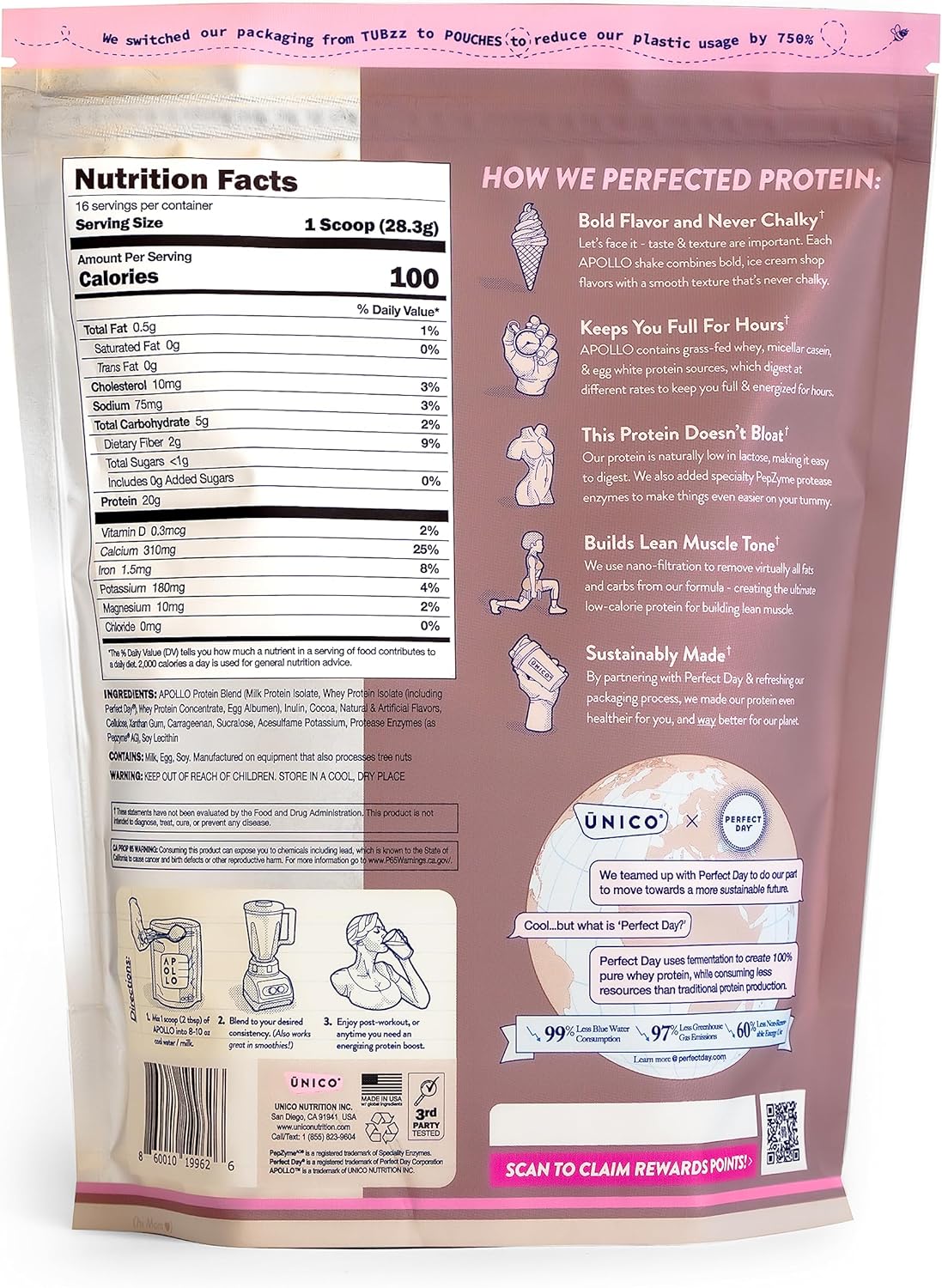 ŪNICO Apollo Molten Chocolate Protein Powder - 20g Grass-Fed Protein Blend | Non-Bloating & Low-Carb | 16 Servings | Smooth Texture | Best-Tasting Flavor