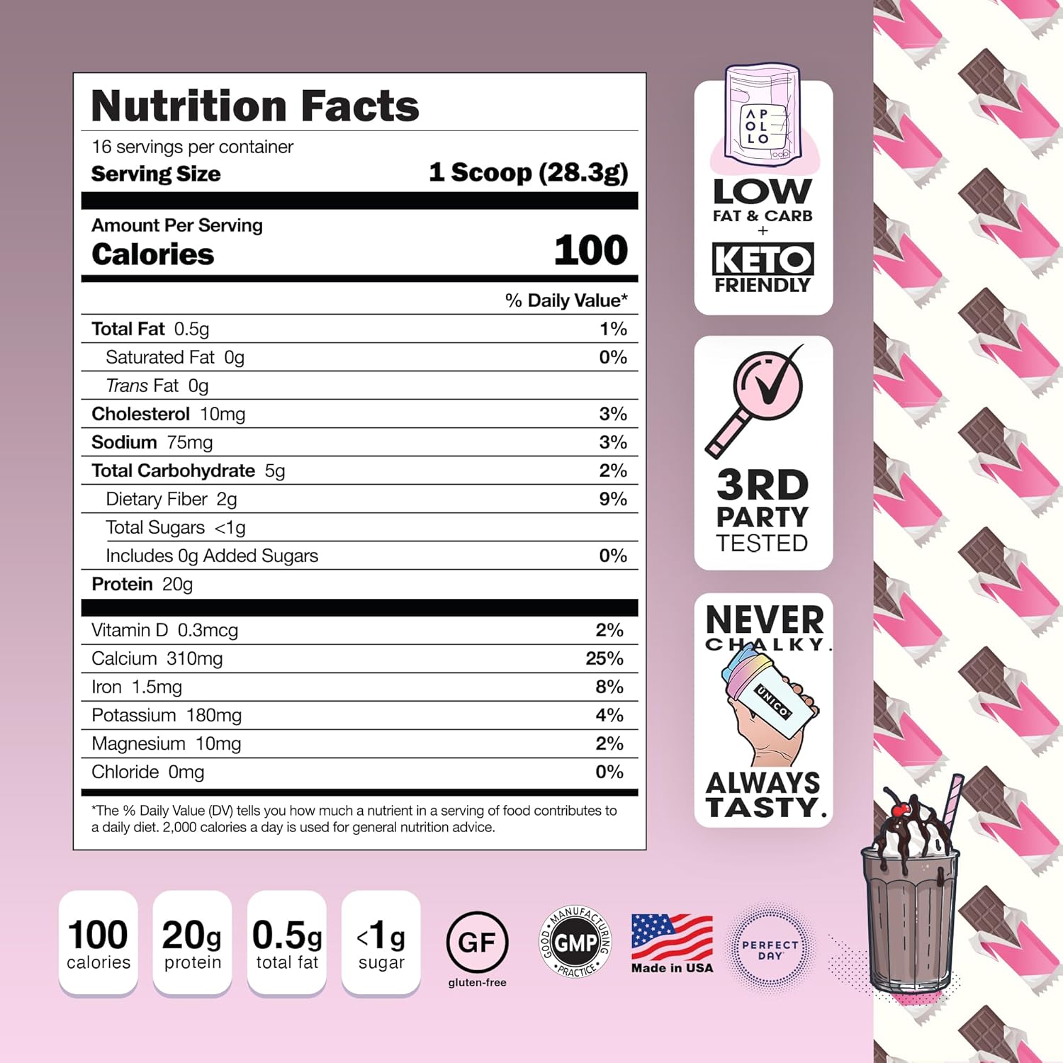 ŪNICO Apollo Molten Chocolate Protein Powder - 20g Grass-Fed Protein Blend | Non-Bloating & Low-Carb | 16 Servings | Smooth Texture | Best-Tasting Flavor