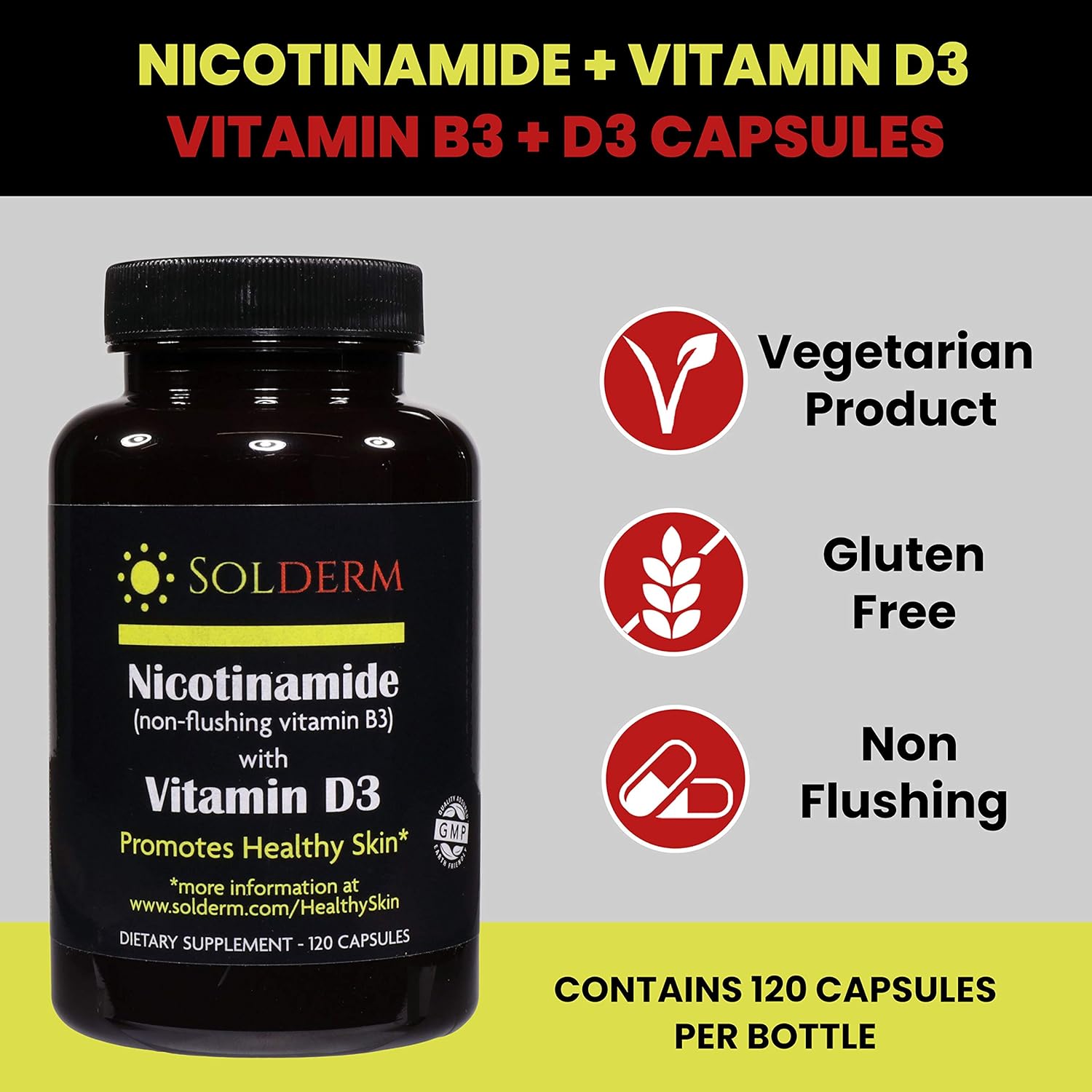 Nicotinamide D3 Supplement for Healthy Skin - Non-Flushing Vitamin B3, Vegetarian, Gluten-Free - 60 Capsules, 500mg