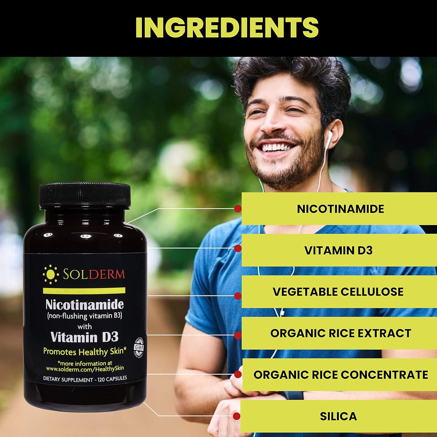 Nicotinamide D3 Supplement for Healthy Skin - Non-Flushing Vitamin B3, Vegetarian, Gluten-Free - 60 Capsules, 500mg