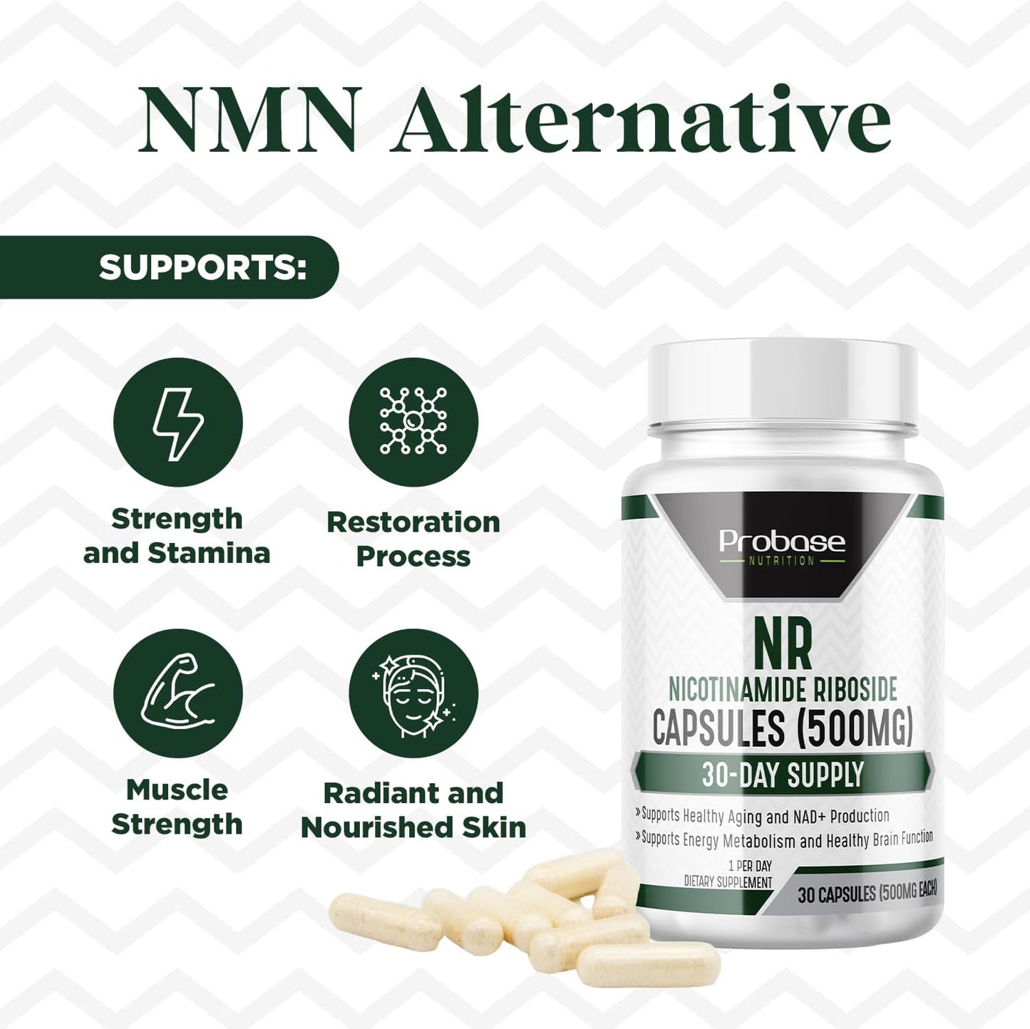 Nicotinamide Riboside (NR) Supplement for Energy and General Wellness | NAD+ Support | 30ct/500mg, 30-Day Supply | Natural Alternative to NMN by Probase Nutrition