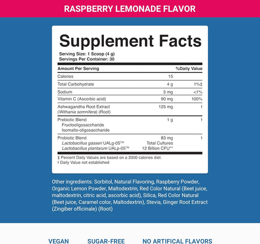 Nighttime Complete Wellness Drink for Digestion, Gut Health, and Sleep Support - Prebiotics, Probiotics, Ashwagandha - Raspberry Lemonade Flavor - 30 Servings