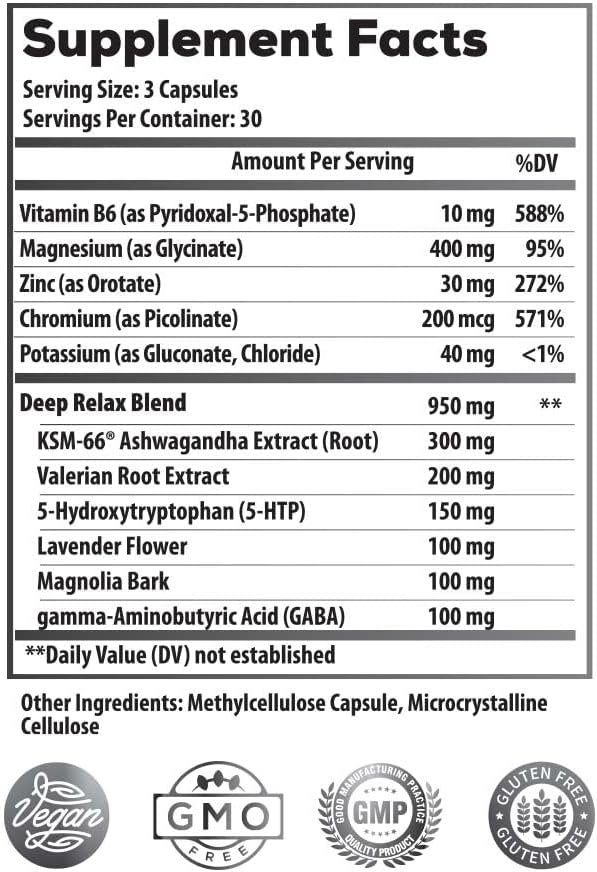 Nighttime Recovery & Deep Sleep Supplement with Magnesium Glycinate and KSM-66 for Relaxation and Stress Support - Vegan Formula for Muscle Cramp Relief