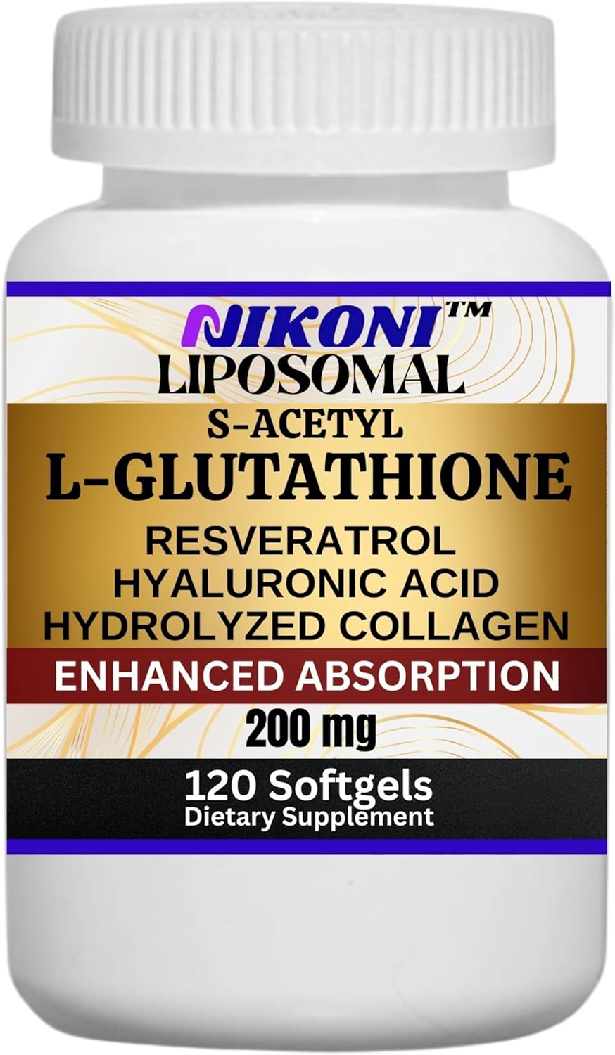 Nikoni Liposomal S-Acetyl L-Glutathione Resveratrol Softgels with Hyaluronic Acid and Collagen - 120 Capsules