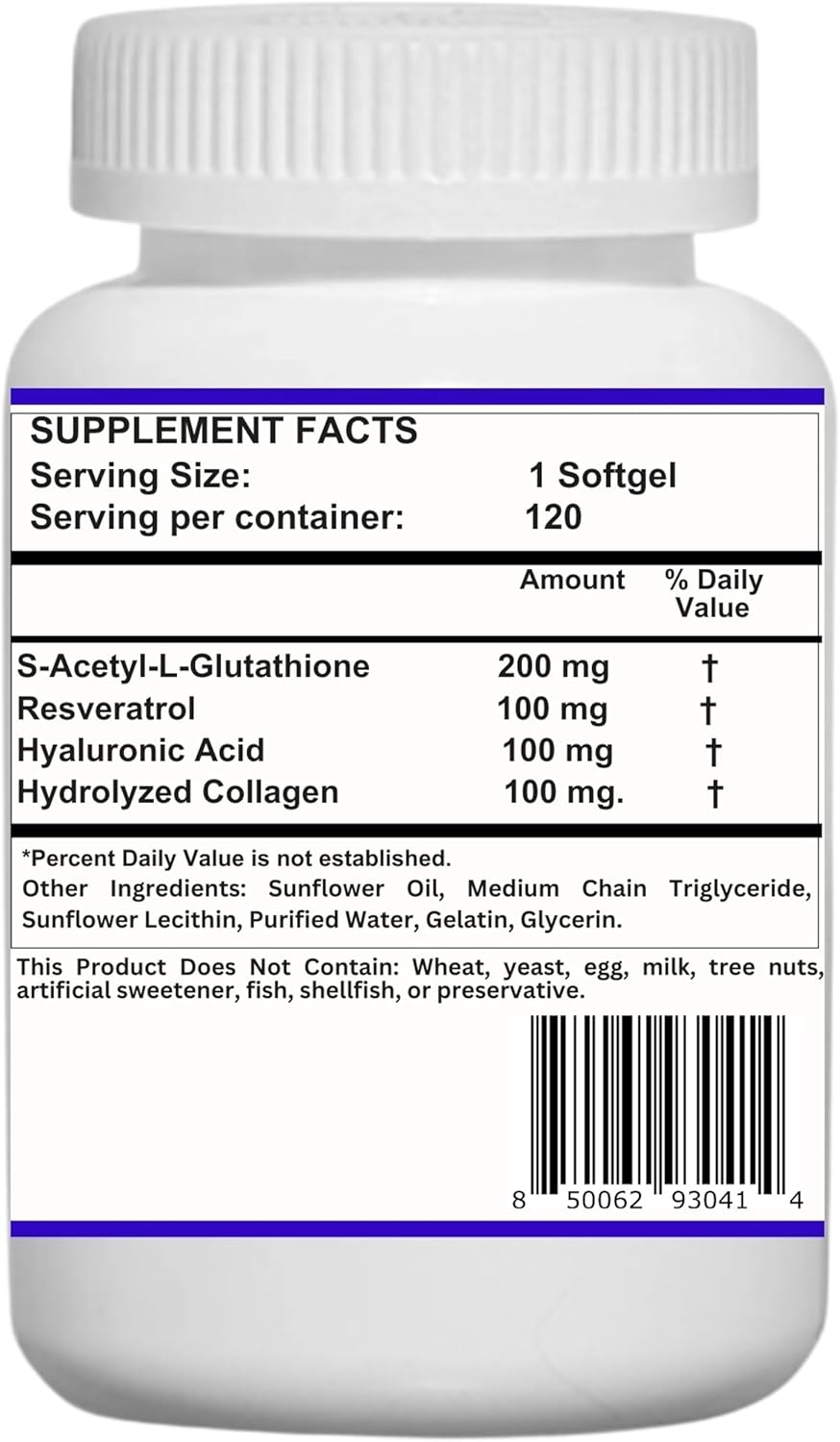 Nikoni Liposomal S-Acetyl L-Glutathione Resveratrol Softgels with Hyaluronic Acid and Collagen - 120 Capsules