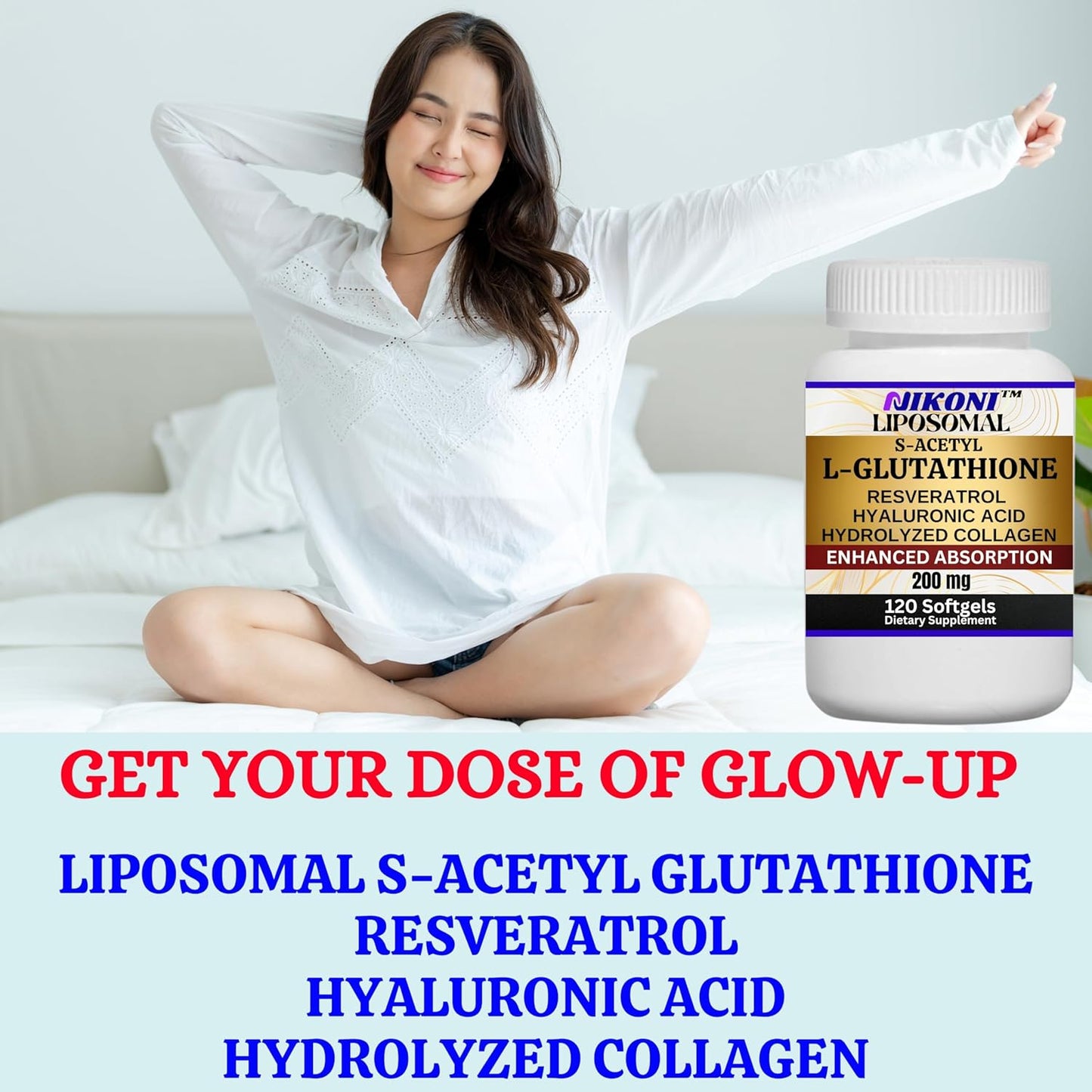 Nikoni Liposomal S-Acetyl L-Glutathione Resveratrol Softgels with Hyaluronic Acid and Collagen - 120 Capsules
