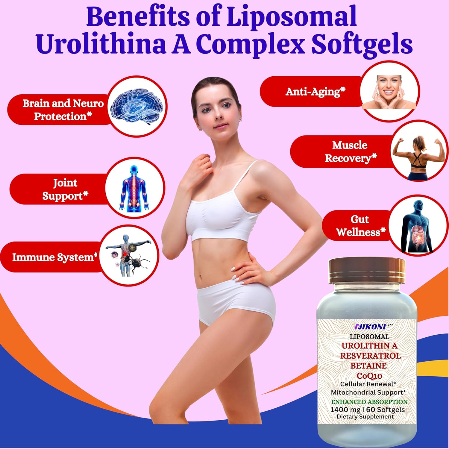 Nikoni Liposomal Urolithin-A Supplement 1400mg for Healthy Aging, Cell Renewal, Muscle Health - 240 Softgels