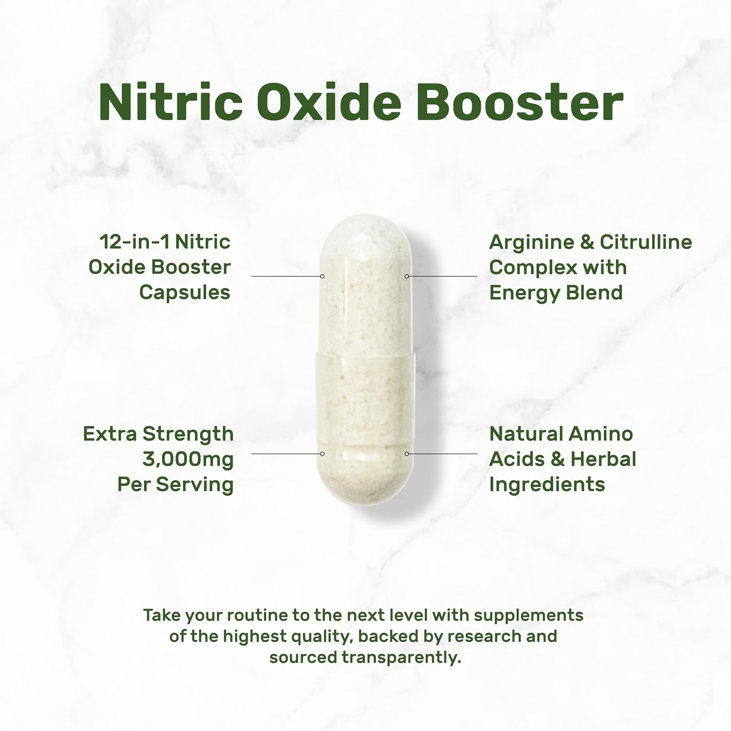 Nitric Oxide Booster Capsules - 12-in-1 Complex with 3,000mg Per Serving - Boosts Energy and Promotes Muscle & Heart Health