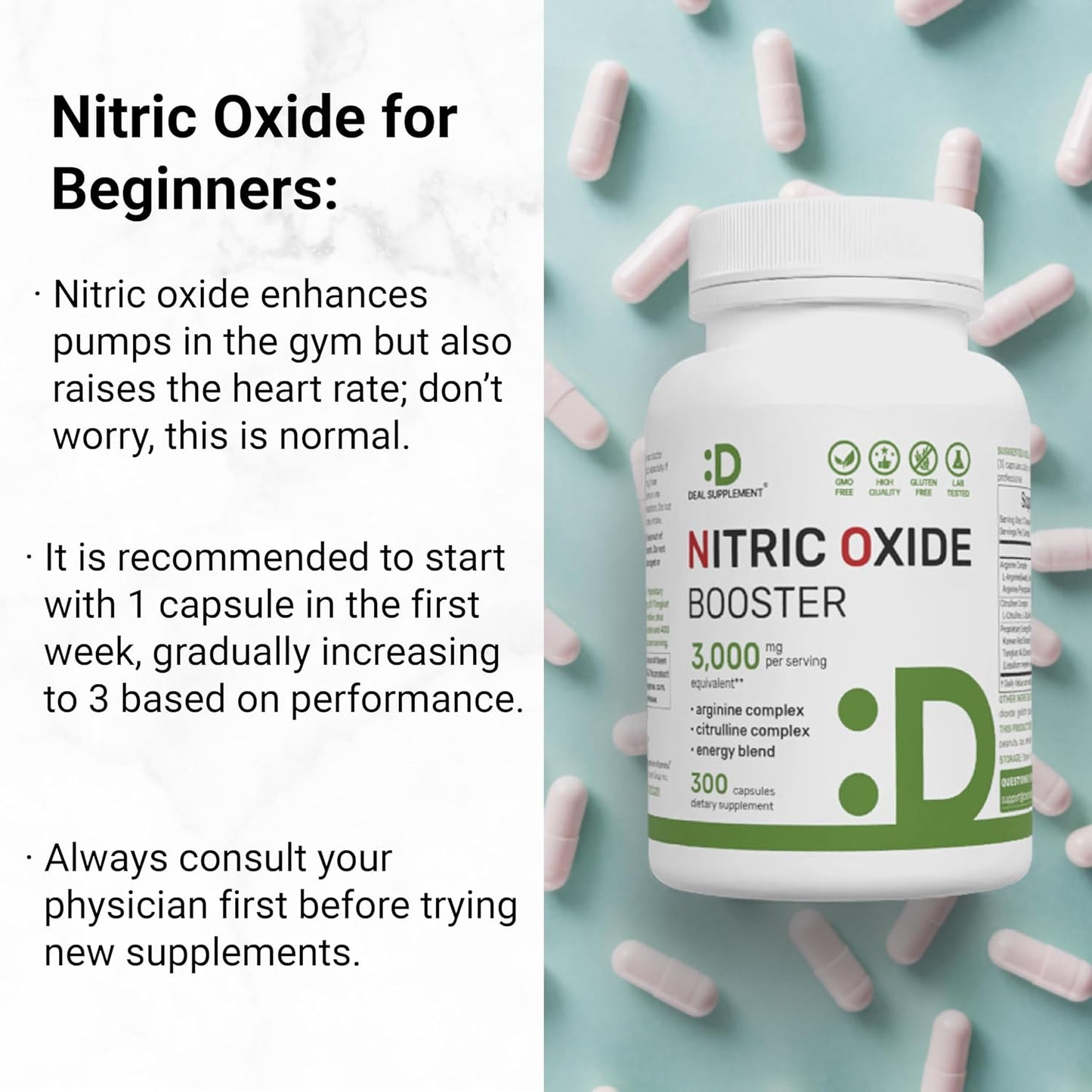 Nitric Oxide Booster Capsules - 12-in-1 Complex with 3,000mg Per Serving - Boosts Energy and Promotes Muscle & Heart Health