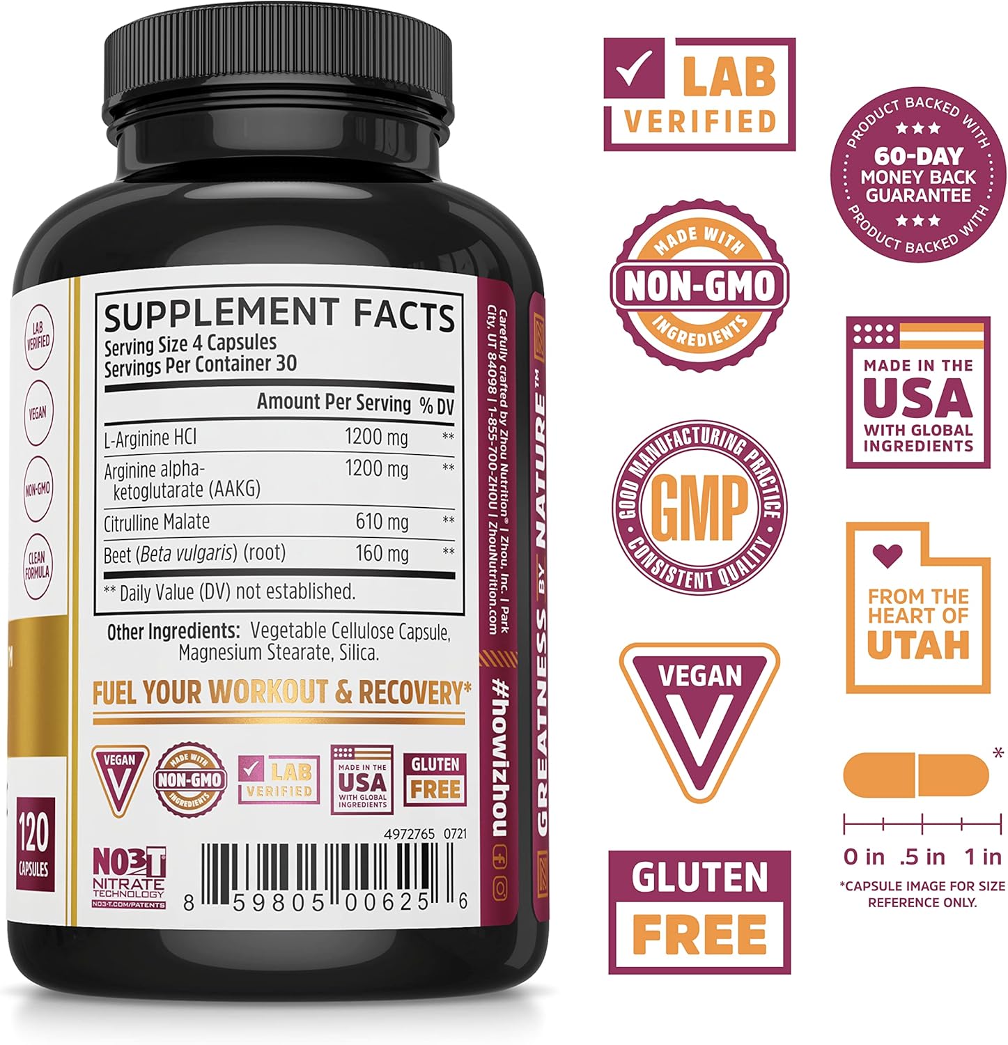 Nitric Oxide Booster with L Arginine, Citrulline Malate, AAKG, and Beet Root - Enhances Strength, Blood Flow, and Endurance - 30 Servings, 120 Capsules