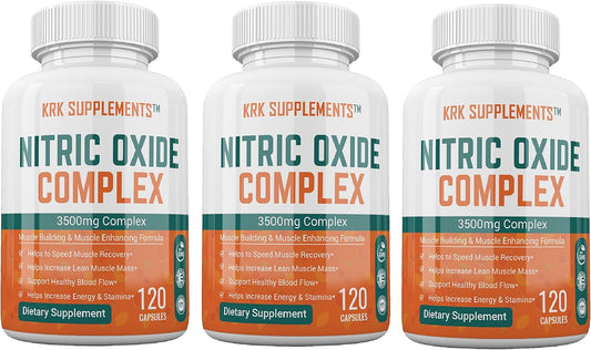 Nitric Oxide Complex: 3 Bottles, 3500mg Per Serving, L-Arginine, AAKG, Citrulline Malate - 360 Capsules
