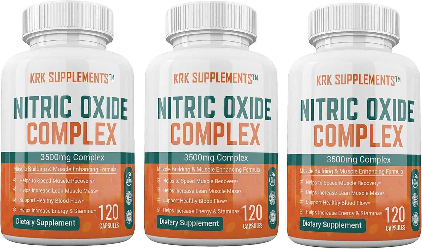 Nitric Oxide Complex: 3 Bottles, 3500mg Per Serving, L-Arginine, AAKG, Citrulline Malate - 360 Capsules