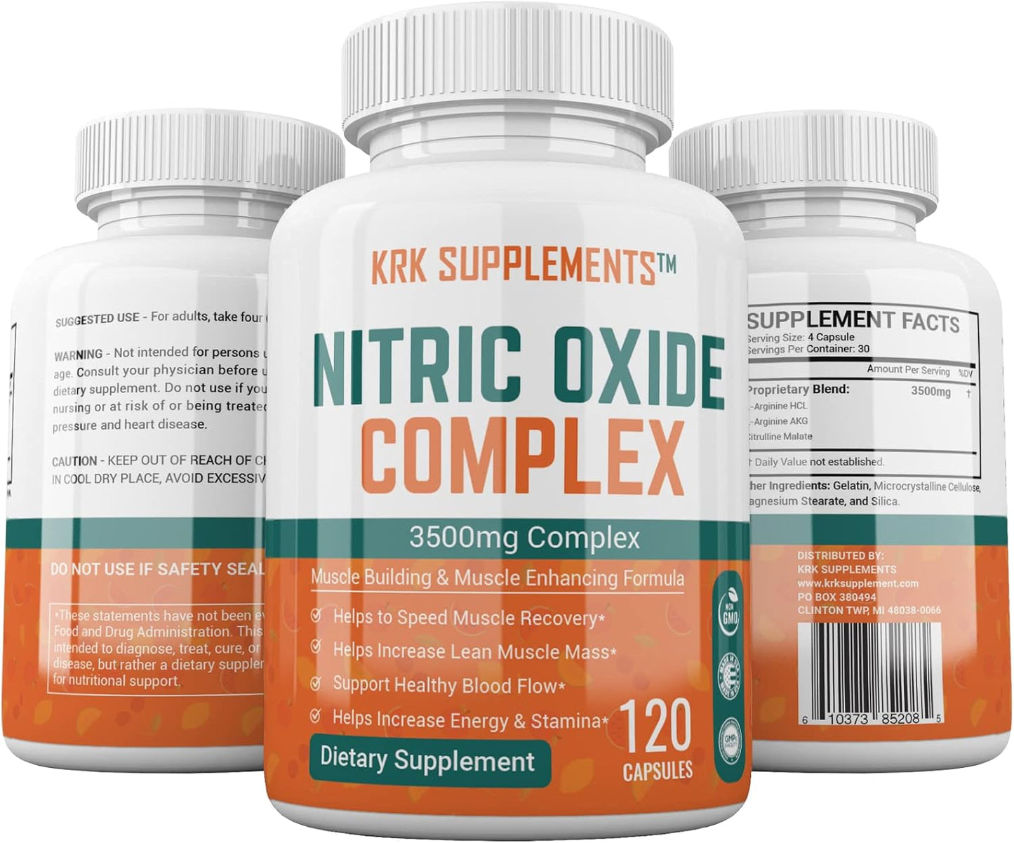 Nitric Oxide Complex: 3 Bottles, 3500mg Per Serving, L-Arginine, AAKG, Citrulline Malate - 360 Capsules