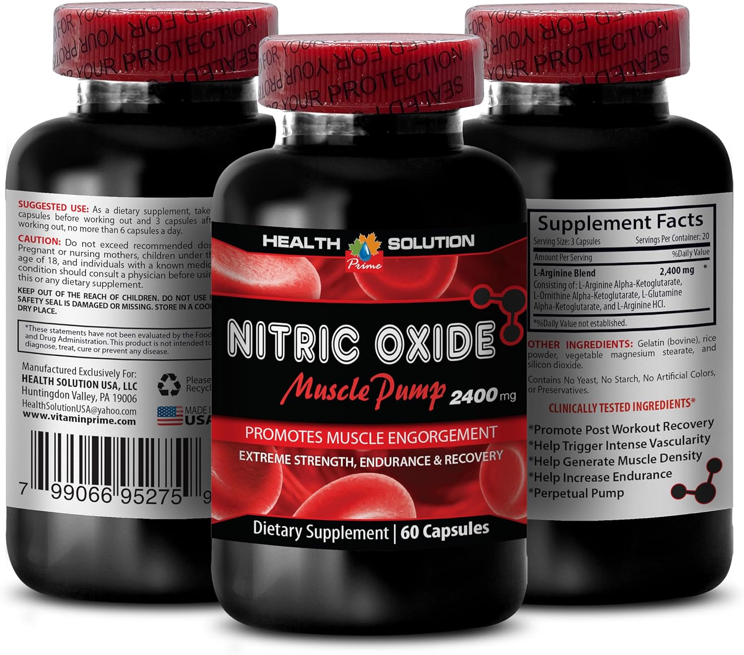 Nitric Oxide Muscle Pump Supplements for Extreme Strength and Growth - 2400mg Workout Pills for Men and Women - 2 Bottles 120 Capsules