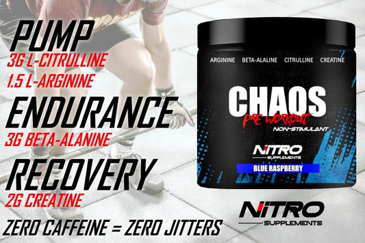 Nitro Fight Wear Chaos Non-Stim Pre-Workout Supplement - 30 Servings Blue Raspberry Flavor with Beta-Alanine, L-Citrulline, Arginine, Creatine, and Taurine.