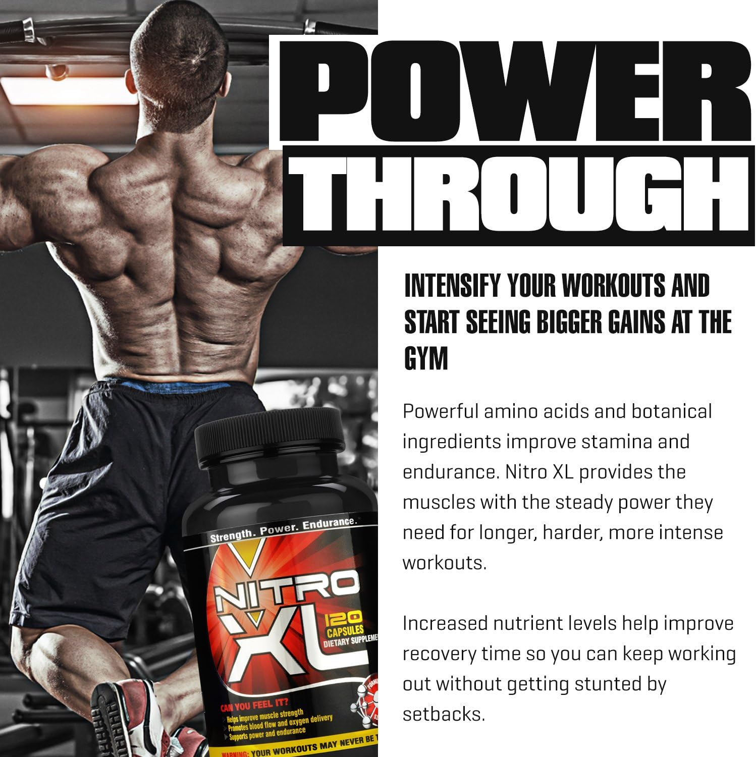 Nitro XL Nitric Oxide Bodybuilding Supplement with L-Arginine for Muscle Mass, Performance, and Stamina - 120 caps