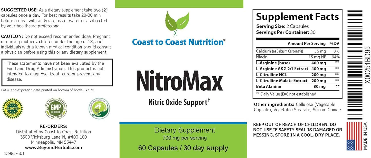 NitroMax Performance Formula: L-Arginine Nitric Oxide Supplement for Muscle Building, Energy, Circulation - 60 Capsules