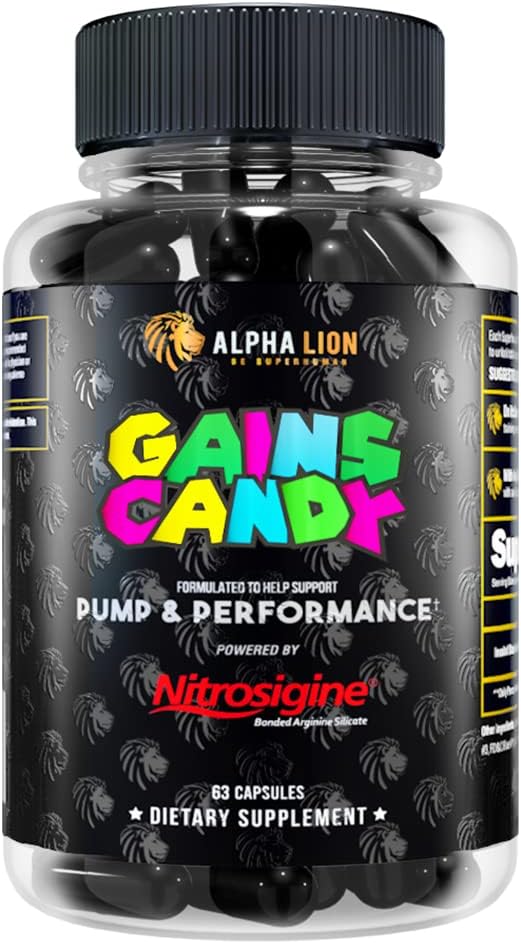 Nitrosigine Alpha Lion Gains Candy: Muscle Pump & Blood Flow Supplement Booster, 63 Capsules