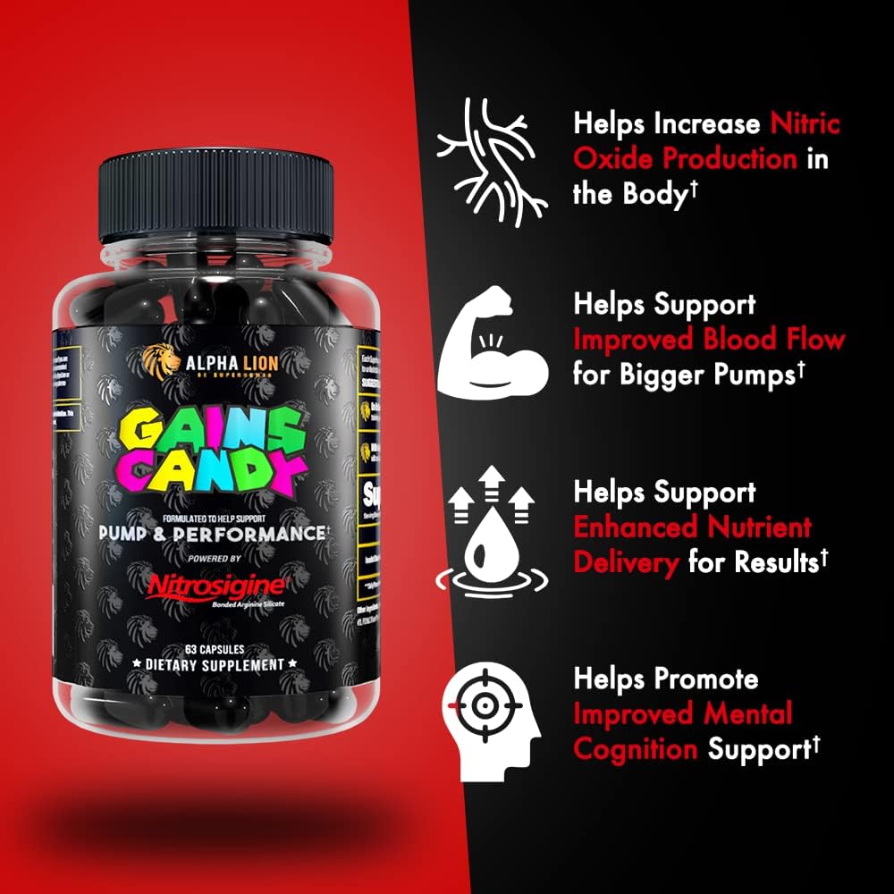 Nitrosigine Alpha Lion Gains Candy: Muscle Pump & Blood Flow Supplement Booster, 63 Capsules