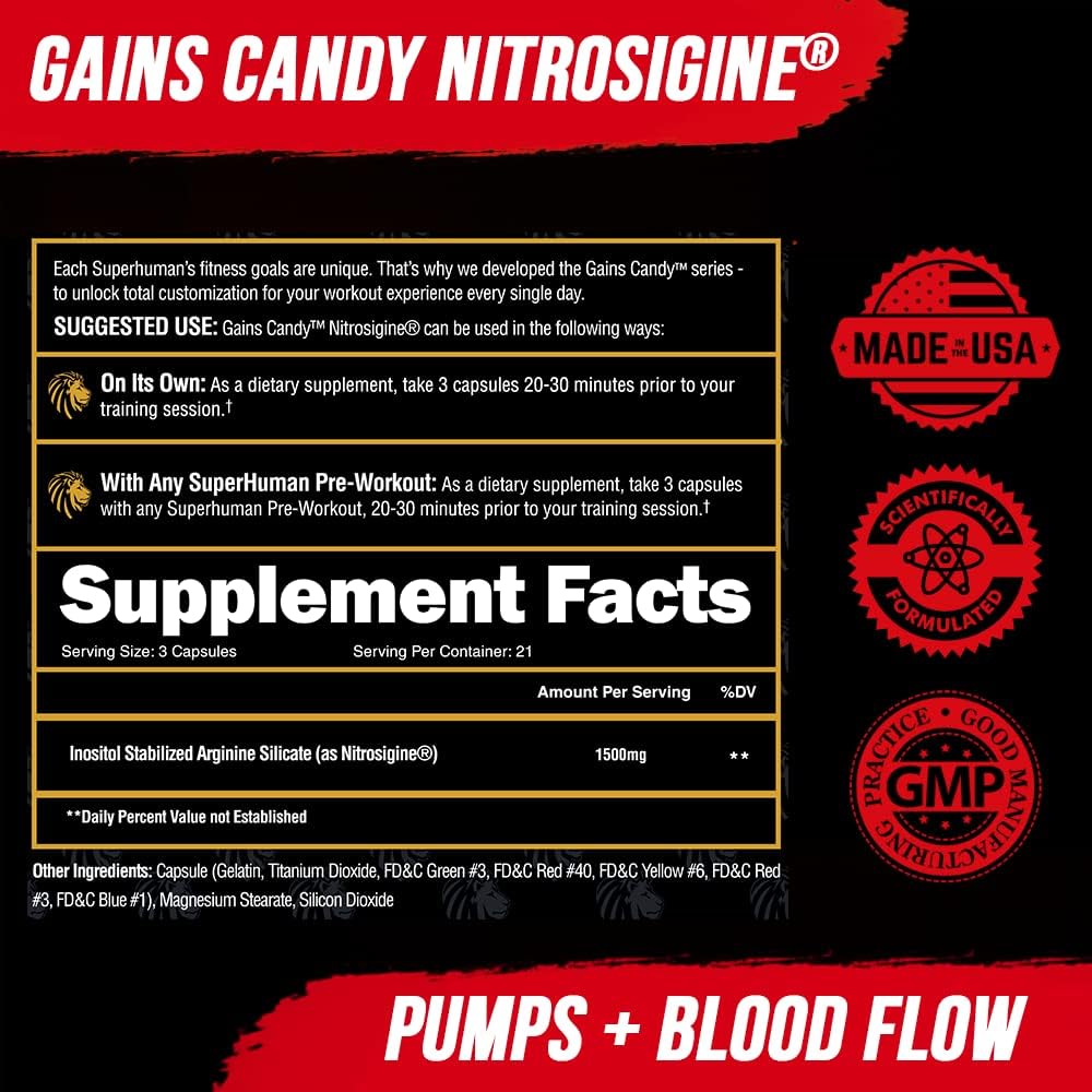 Nitrosigine Alpha Lion Gains Candy: Muscle Pump & Blood Flow Supplement Booster, 63 Capsules