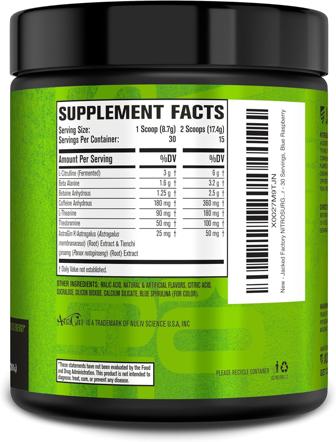 Nitrosurge Pre-Workout in Blue Raspberry & Watermelon Flavor for Men & Women - Thermogenic Shred Formula by Jacked Factory