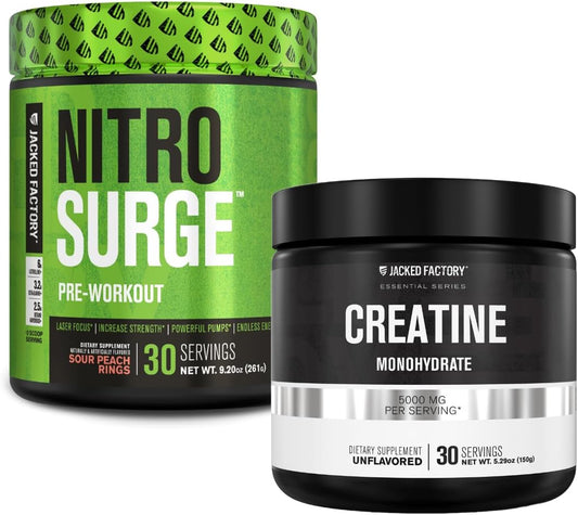 NITROSURGE Pre Workout Supplement & Creatine Monohydrate Combo - Energy Booster, Strength Gains, Muscle Growth - 30 Servings