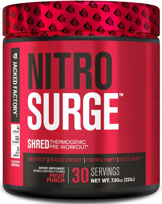 NITROSURGE Shred Pre Workout Supplement - Energy Booster, Strength Gains, Focus, Pumps - Nitric Oxide & PreWorkout Powder - Fruit Punch, 30 Servings