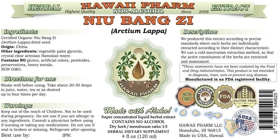 NIU Bang Zi Burdock Seed Glycerite Liquid Extract - Alcohol-Free Herbal Supplement - 2 fl.oz - Made in USA by Hawaii Pharm