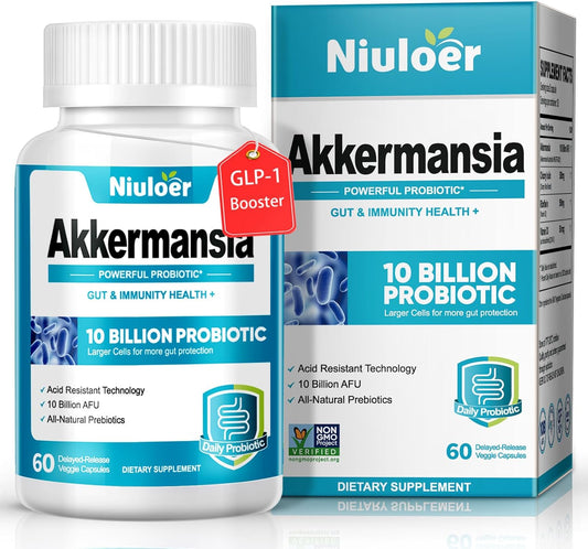 Niuloer Akkermansia Probiotic Capsules - 10 Billion AFUs, Organic Prebiotics, Digestive Health Supplement for Men & Women - 60 Count