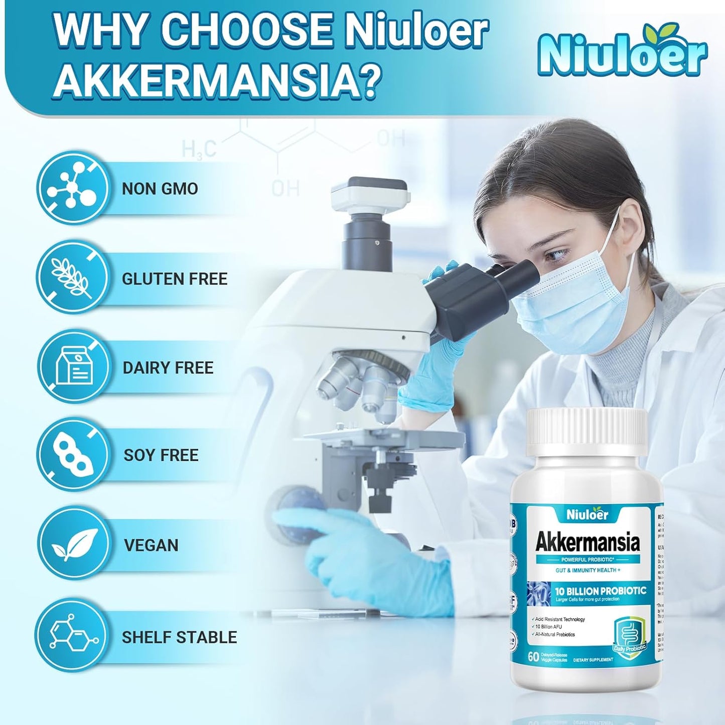 Niuloer Akkermansia Probiotic Capsules - 10 Billion AFUs, Organic Prebiotics, Digestive Health Supplement for Men & Women - 60 Count